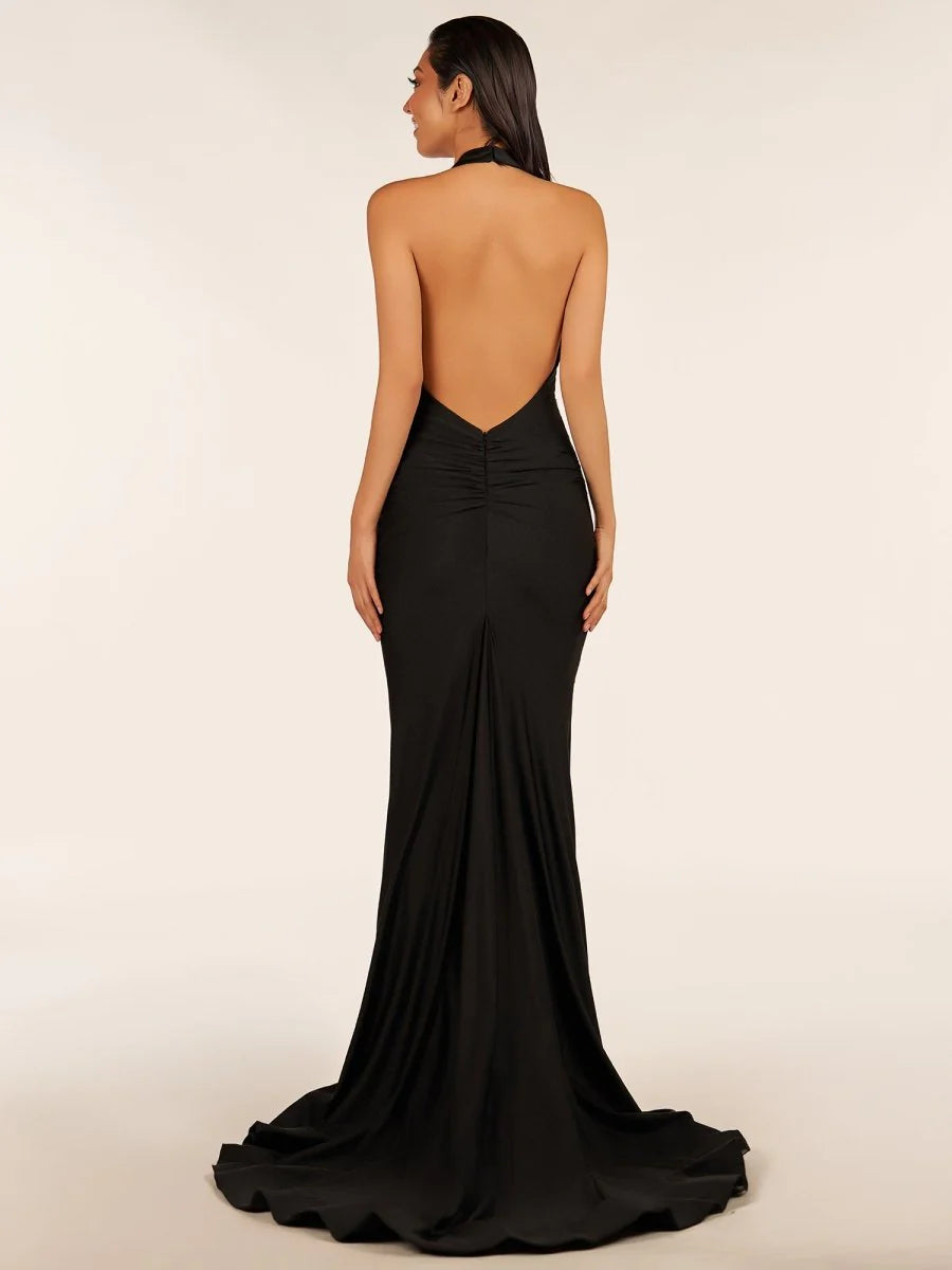 Simple Mermaid Halter Backless Black Prom Dress With Sweep Train