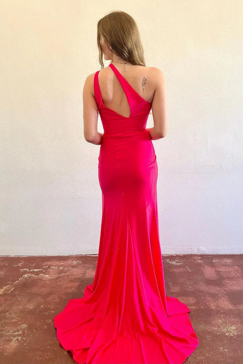 Simple Mermaid One Shoulder Cutout Satin Red Long Evening Dress With Slit