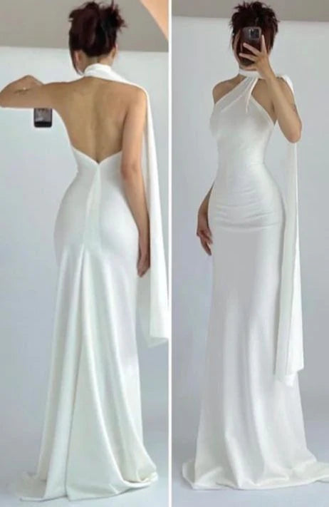 Simple Mermaid Open Back High Neckline White Party Dress Long Prom Dresses