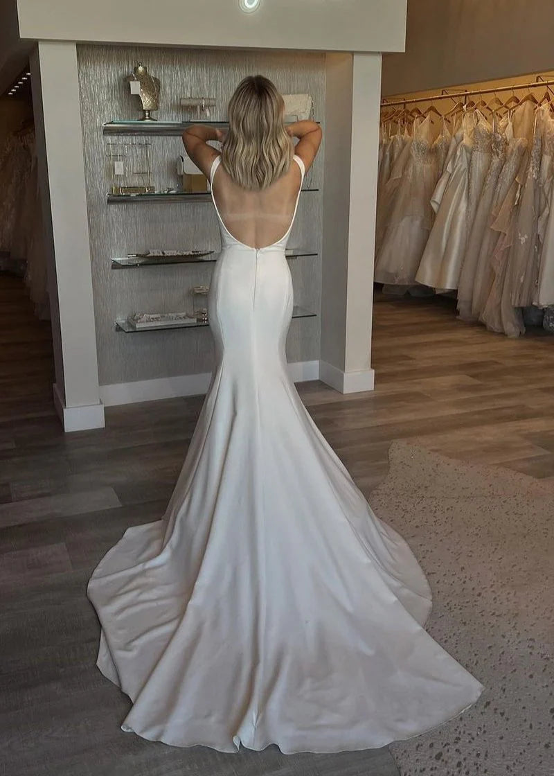 Simple Mermaid Scoop Neck Backless Diamond White Satin Wedding Dresses With Sweep-Train