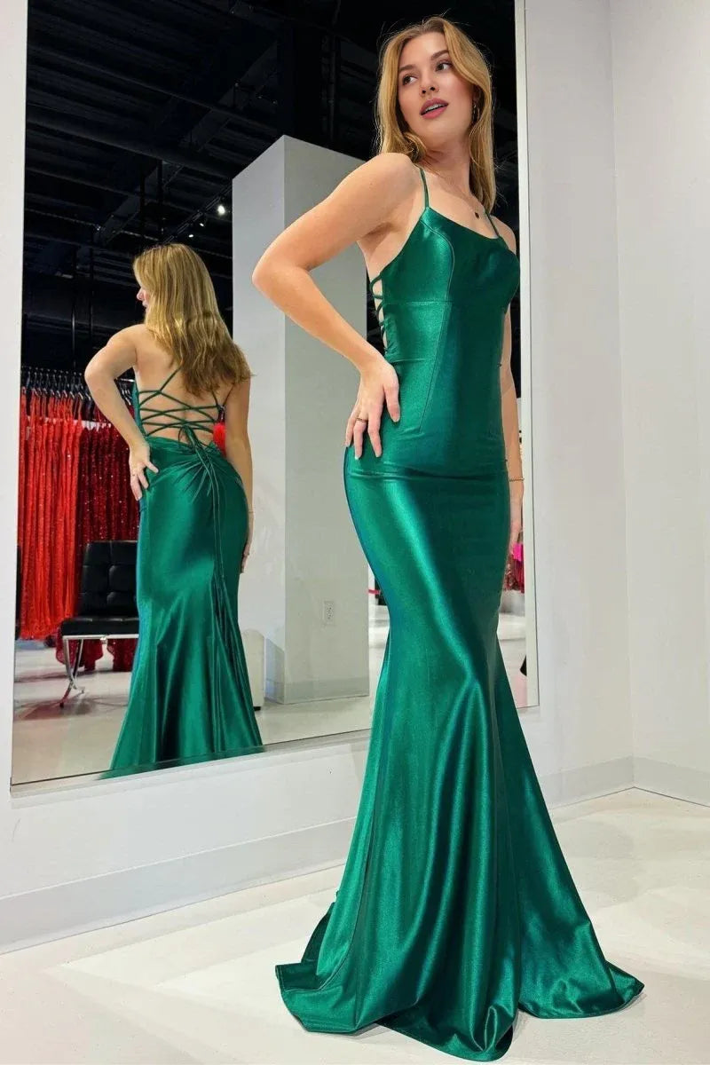 Simple Mermaid Scoop Neck Lace-Up Satin Emerald Long Prom Dress