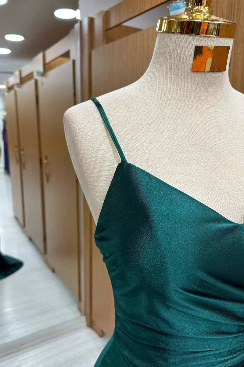 Simple Mermaid Spaghetti Straps Pleated Satin Dark Green Long Evening Dress