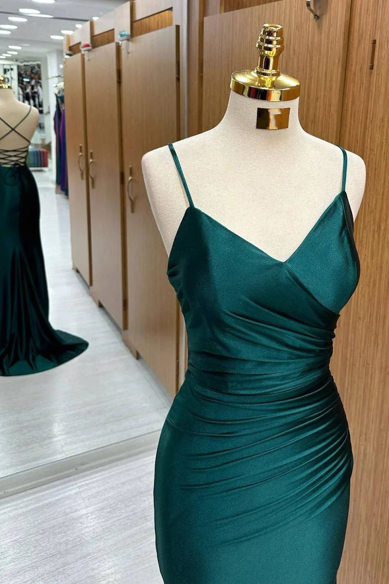 Simple Mermaid Spaghetti Straps Pleated Satin Dark Green Long Evening Dress