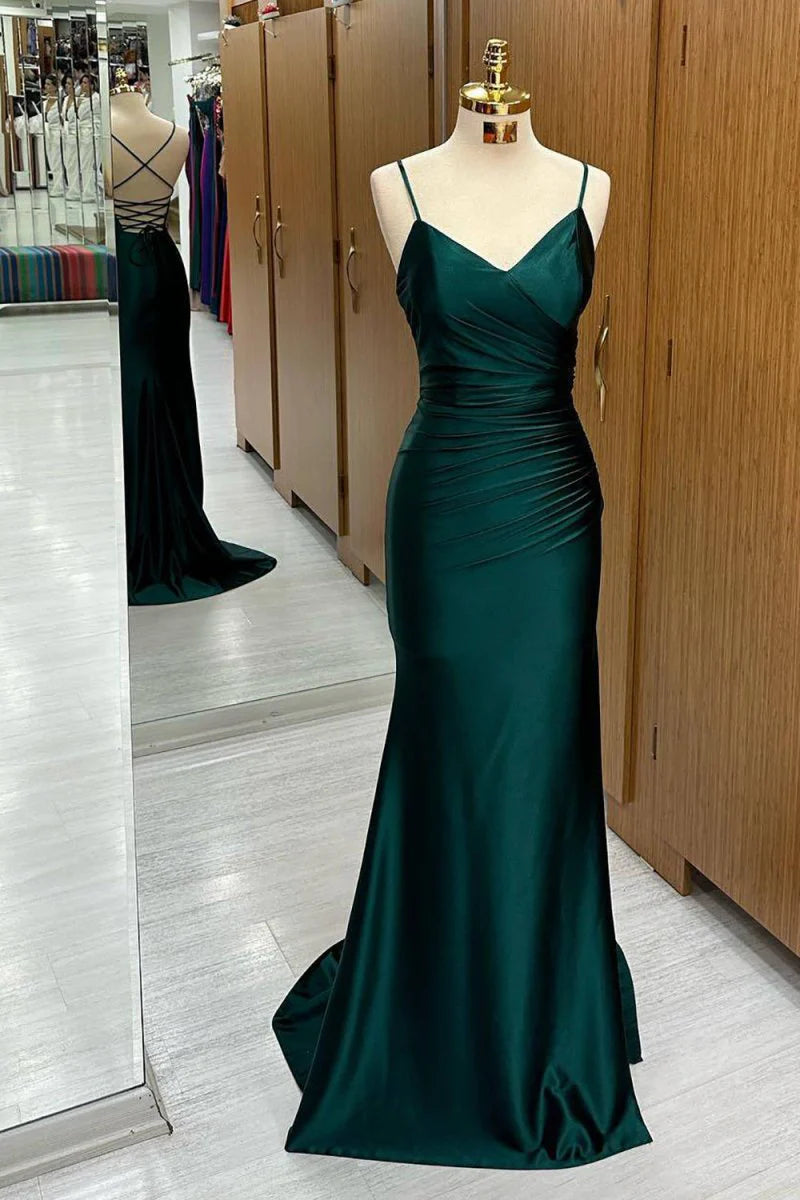 Simple Mermaid Spaghetti Straps Pleated Satin Dark Green Long Evening Dress