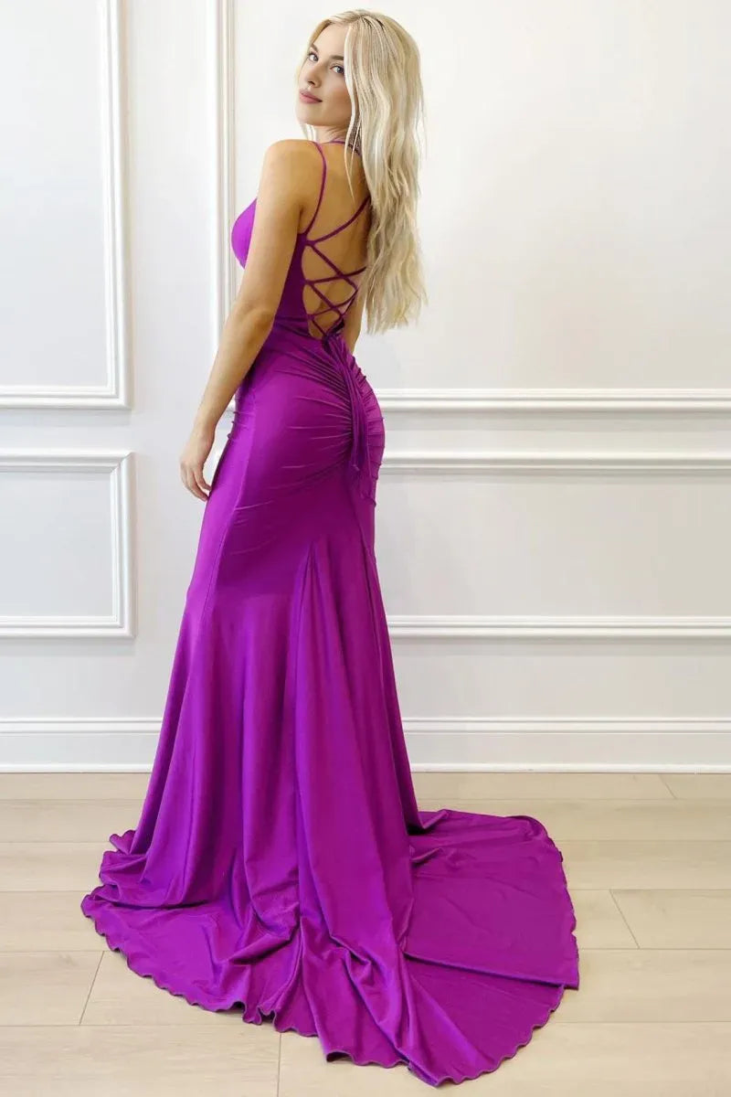 Simple Mermaid V-Neck Lace-Up Chiffon Purple Long Formal Evening Dress