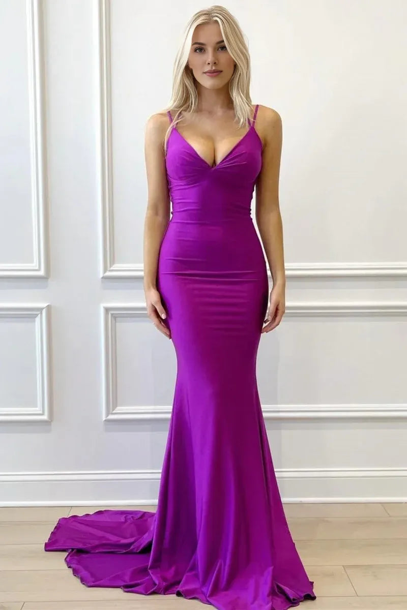 Simple Mermaid V-Neck Lace-Up Chiffon Purple Long Formal Evening Dress