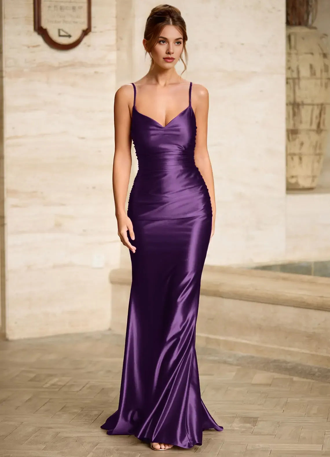 Simple Mermaid V Neck Backless Lace-up Grape Floor Length Prom Dress