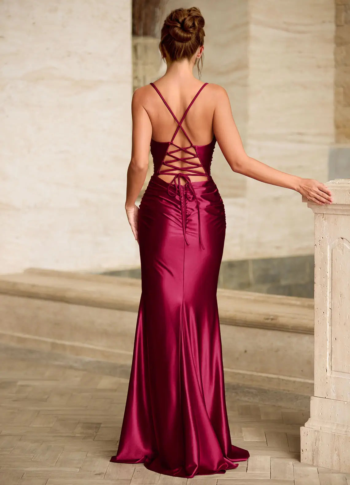 Simple Mermaid V Neck Backless Lace-up Wine Floor Length Prom Dress