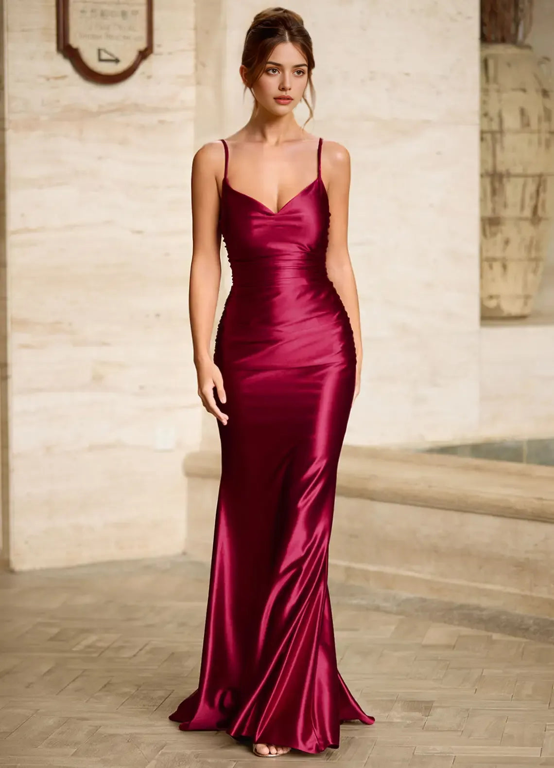 Simple Mermaid V Neck Backless Lace-up Wine Floor Length Prom Dress