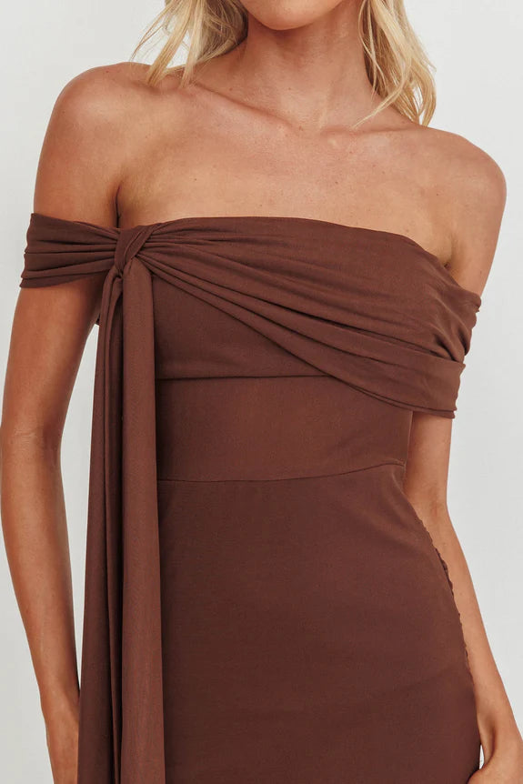 Simple Off-Shoulder Chocolate Maxi Homecoming Dress Prom Dress With Streamer