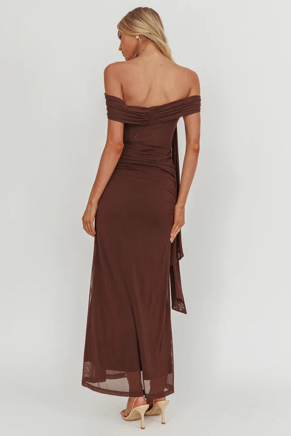 Simple Off-Shoulder Chocolate Maxi Homecoming Dress Prom Dress With Streamer