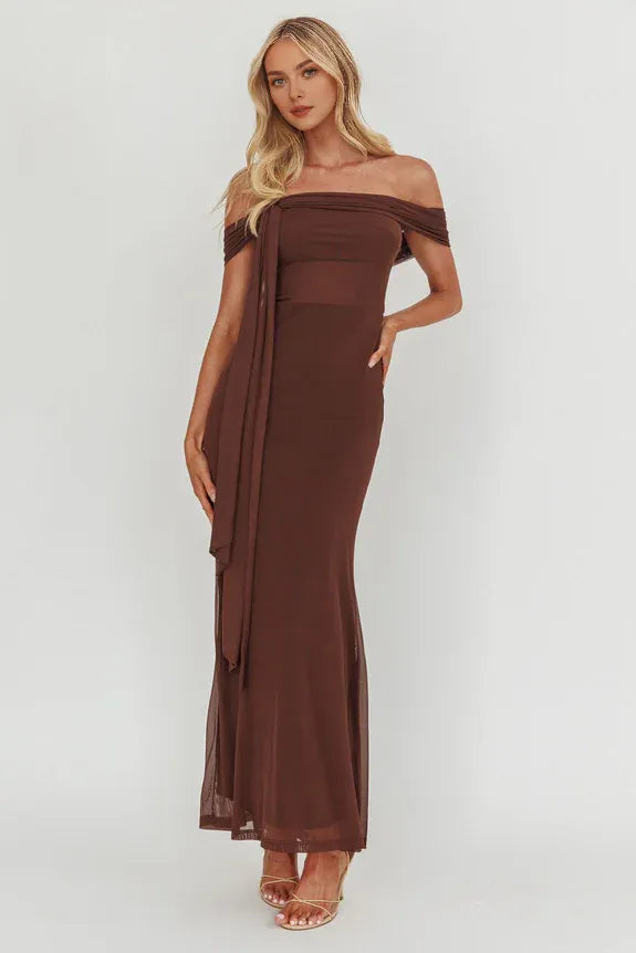 Simple Off-Shoulder Chocolate Maxi Homecoming Dress Prom Dress With Streamer