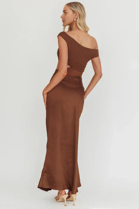 Simple Off-Shoulder Cutout Mesh Bodice Satin Chocolate Maxi Prom Dress