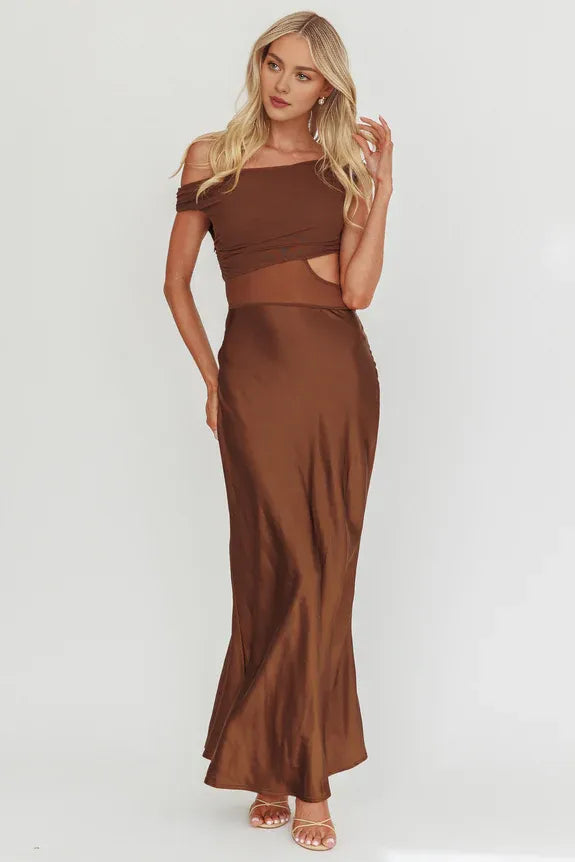 Simple Off-Shoulder Cutout Mesh Bodice Satin Chocolate Maxi Prom Dress