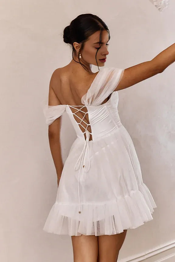 Simple Off-Shoulder Lace-Up Back White Mini Homecoming Dress Custom