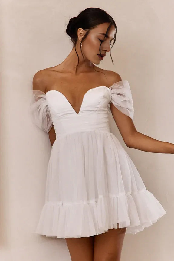 Simple Off-Shoulder Lace-Up Back White Mini Homecoming Dress Custom