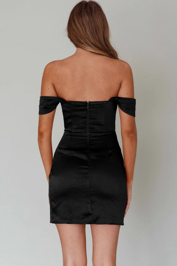 Simple Off-Shoulder Pleated Slit Satin Black Mini Homecoming Dress For Sale