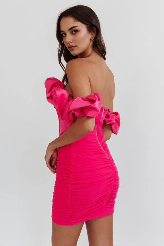 Simple Off-Shoulder Ruched Bodycon Hot Pink Mini Homecoming Dress For Ladies