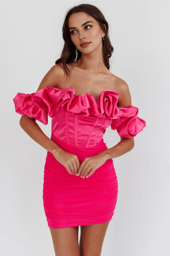 Simple Off-Shoulder Ruched Bodycon Hot Pink Mini Homecoming Dress For Ladies
