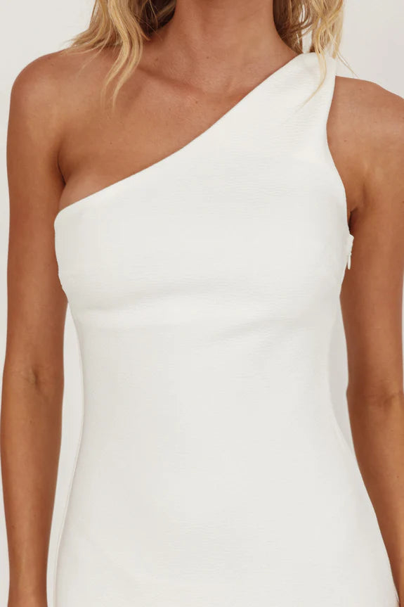 Simple One-Shoulder Sleeveless Split Ruffle Hem White Maxi Prom Dress