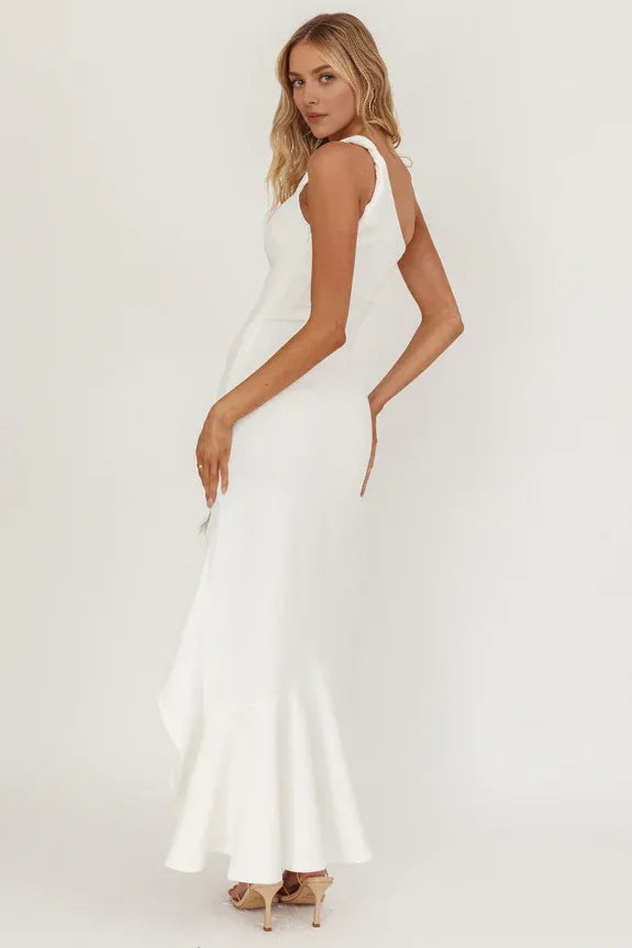 Simple One-Shoulder Sleeveless Split Ruffle Hem White Maxi Prom Dress