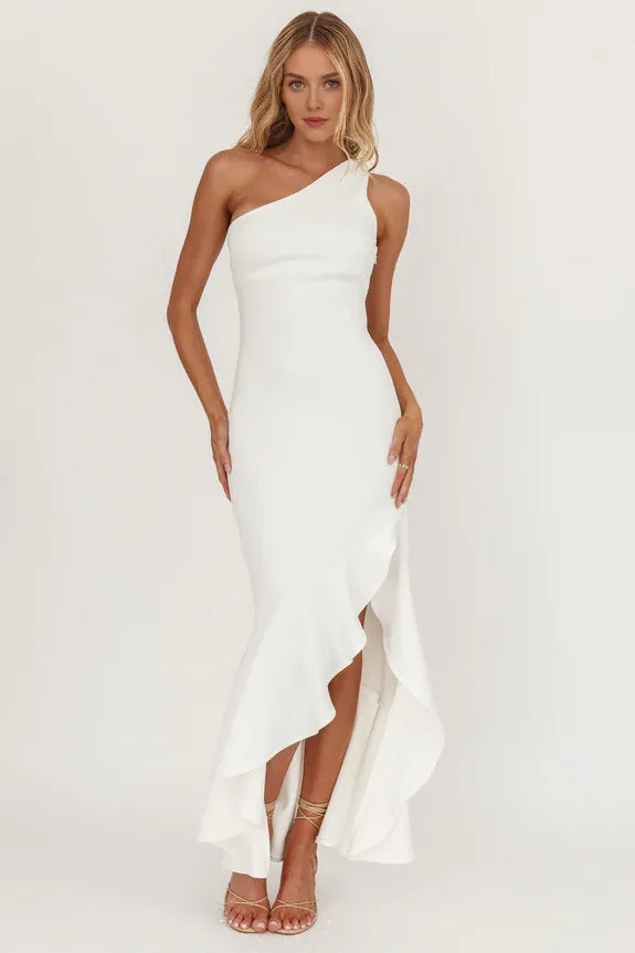 Simple One-Shoulder Sleeveless Split Ruffle Hem White Maxi Prom Dress