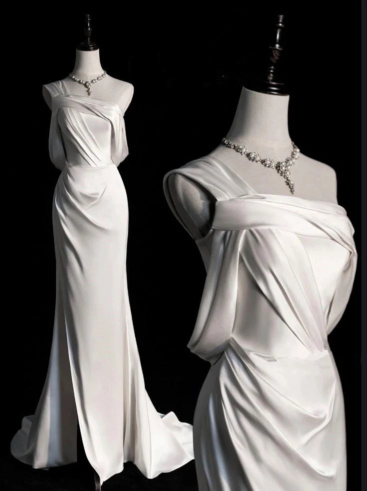 Simple One shoulder Pleated Prom Dresses Floor Length Mermaid Wedding Dress Bridal Gown With Slit