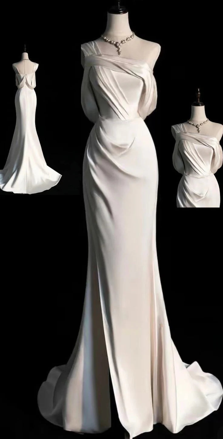 Simple One shoulder Pleated Prom Dresses Floor Length Mermaid Wedding Dress Bridal Gown With Slit