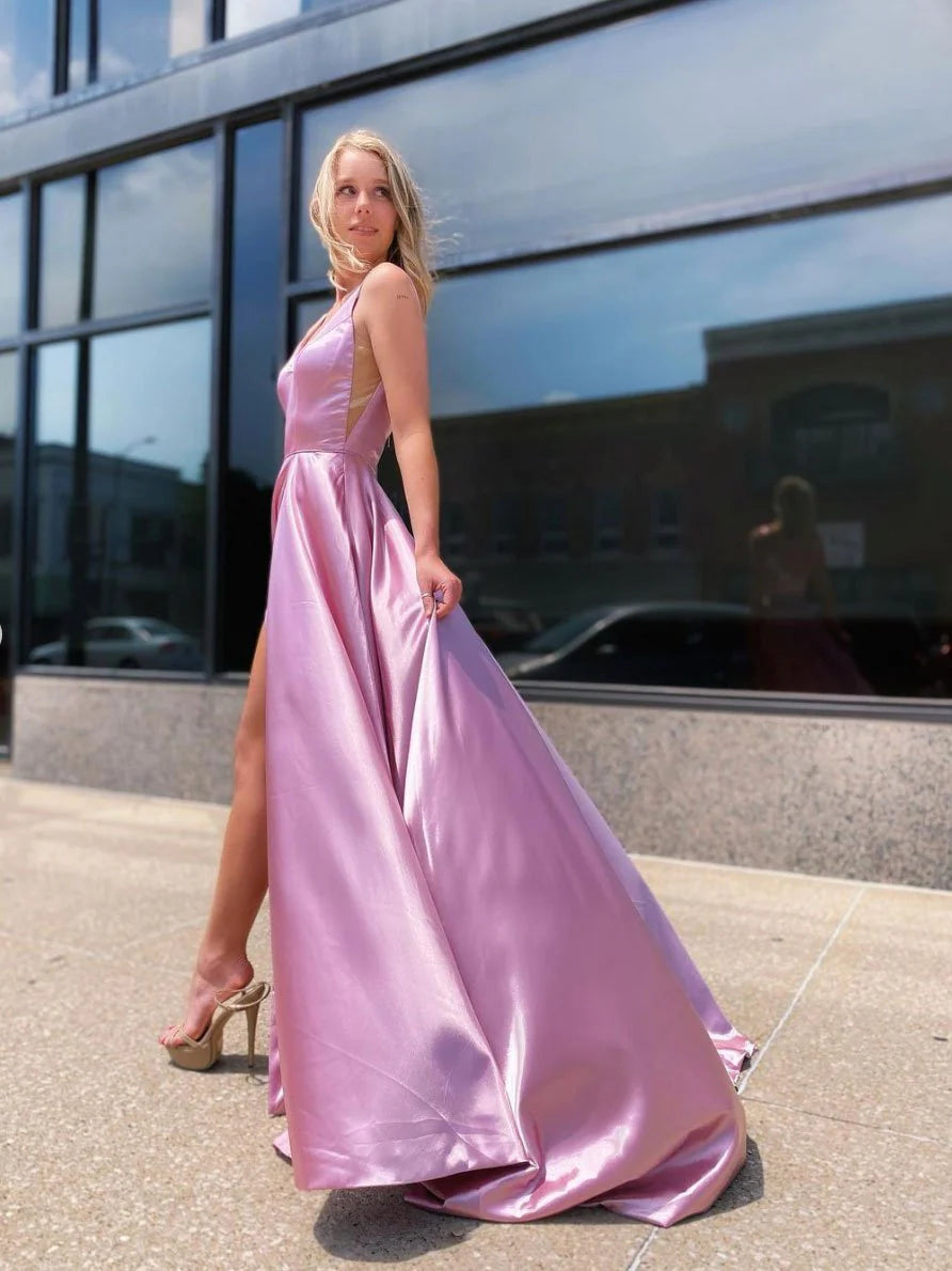 Simple Pink Satin V-neck Hollow Floor-Length Ball Gown Pink Long Bridesmaid Dresses