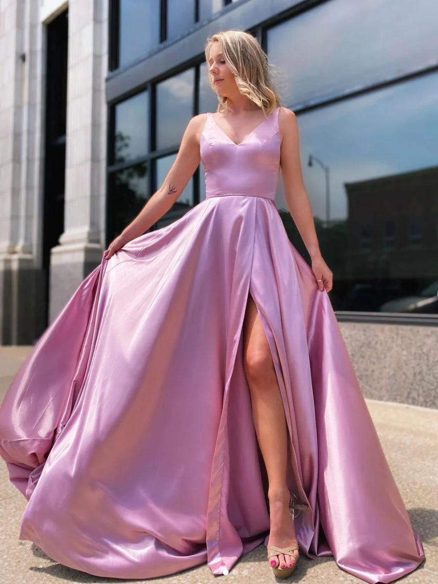 Simple Pink Satin V-neck Hollow Floor-Length Ball Gown Pink Long Bridesmaid Dresses
