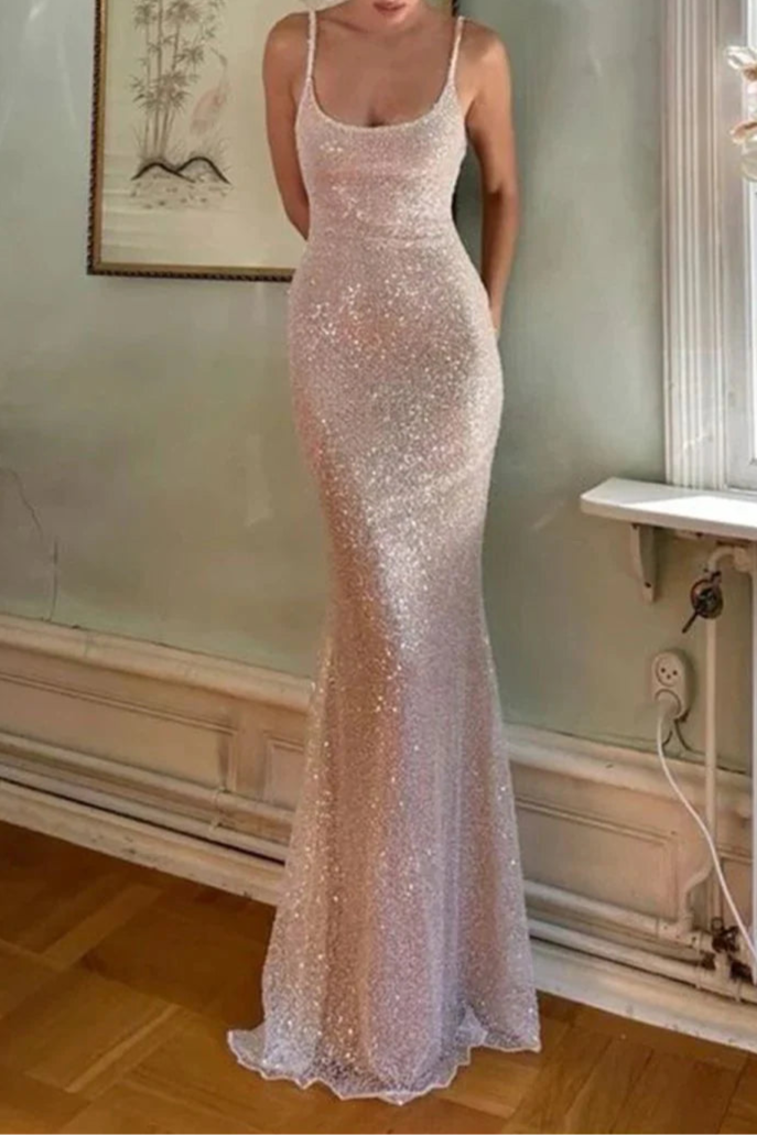 Simple Pink Sequins Mermaid Spaghetti Straps Open Back Floor Length Prom Dresses With Split