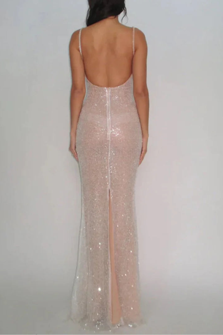 Simple Pink Sequins Mermaid Spaghetti Straps Open Back Floor Length Prom Dresses With Split