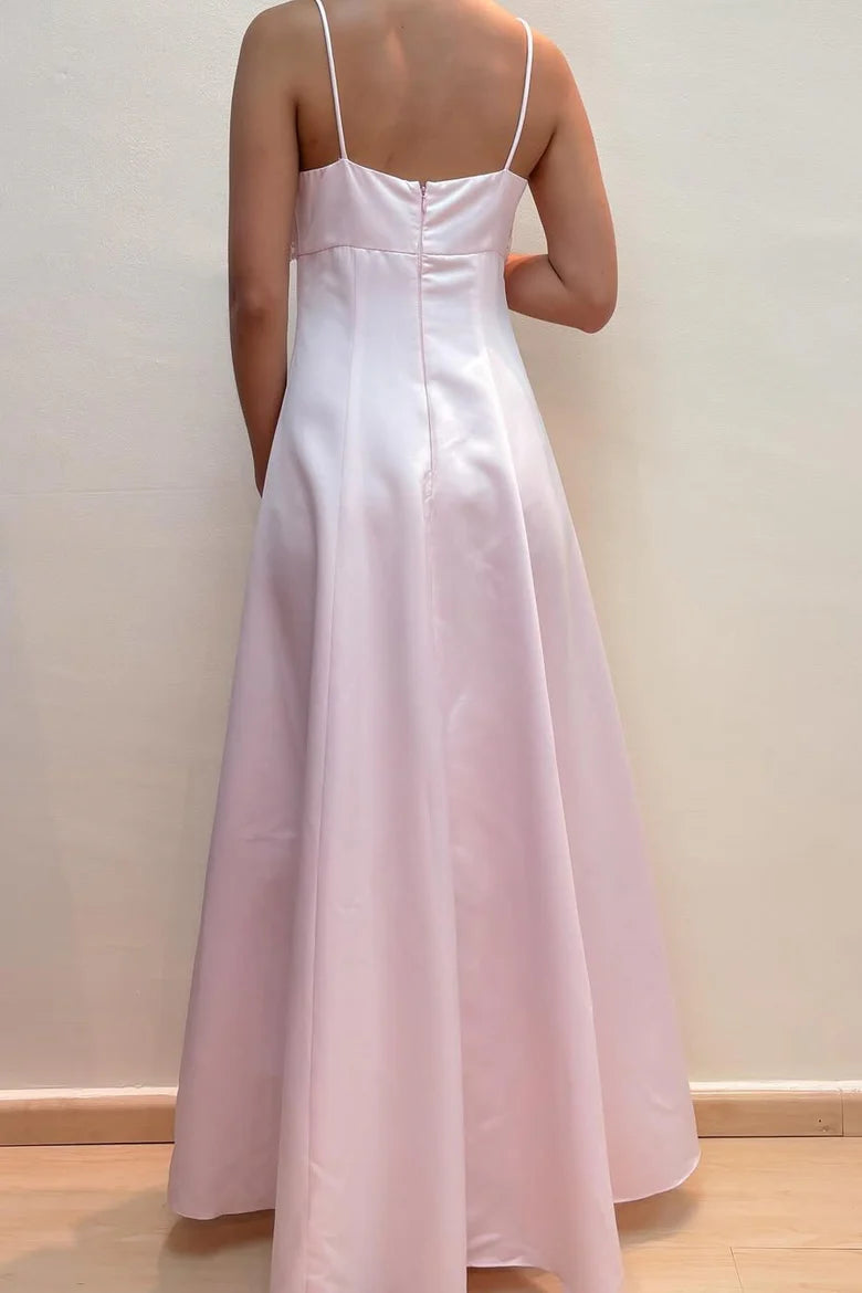 Simple Pink Spaghetti Straps Appliques Empire-Waist Satin Prom Dress