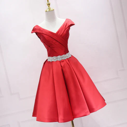Simple Red Satin Beaded Waist Short Homecoming Dress Prom Dress