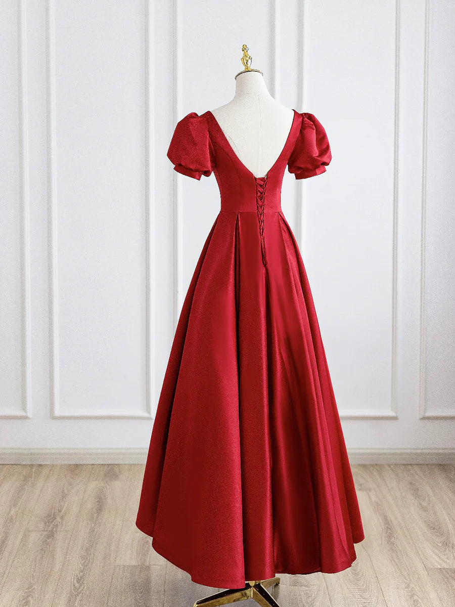 Simple Red Satin Long Prom Dress A-Line Short Sleeve Floor Length Evening Dress Party Dress