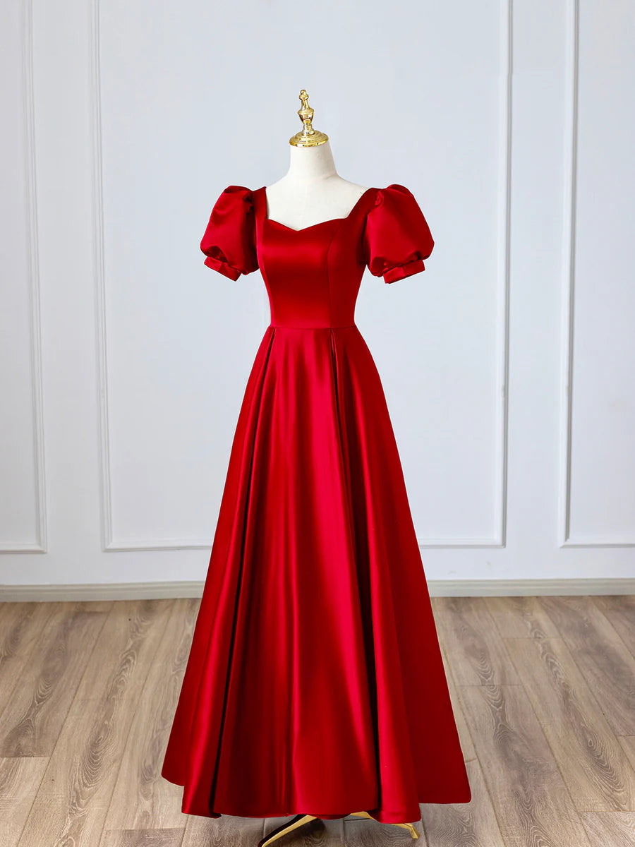 Simple Red Satin Long Prom Dress A-Line Short Sleeve Floor Length Evening Dress Party Dress