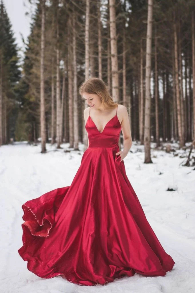 Simple Red Satin V-Neck Spaghetti Strap Long Ball Gown Red Floor-Length Bridesmaid Dresses