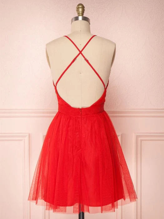 Simple Red Tulle V Neck Spaghetti Straps Backless A Line Short Homecoming Dress