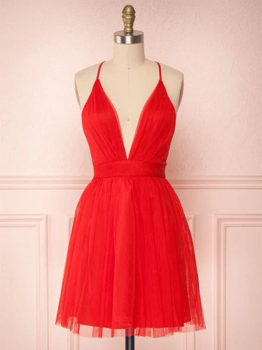 Simple Red Tulle V Neck Spaghetti Straps Backless A Line Short Homecoming Dress
