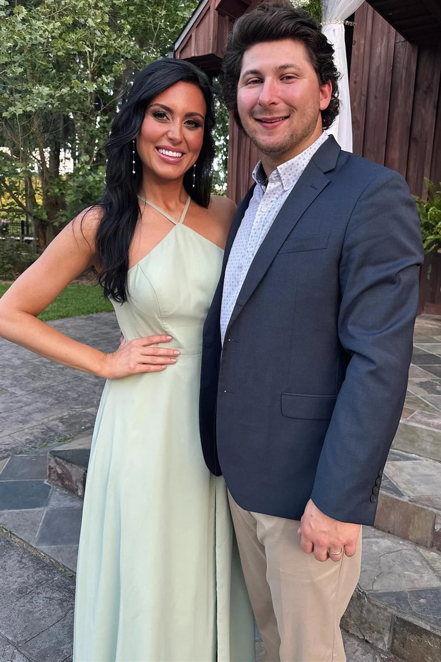 Simple Sage Chiffon Halter Chiffon with Slit Wedding Guest Dress Bridesmaid Dresses