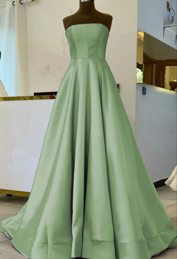 Simple Sage Green Satin Bridesmaid Dresses Strapless Floor Length Formal Prom Gown For Bride