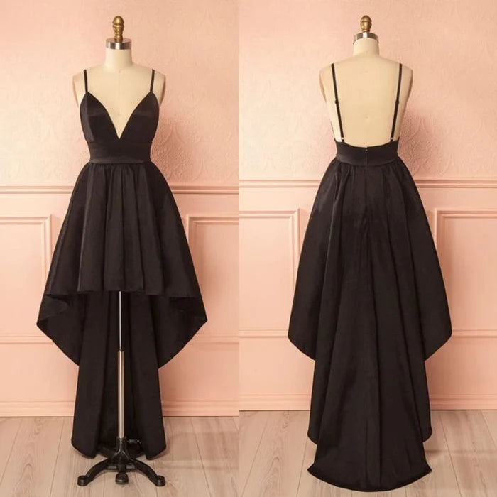 Simple Satin Black High Low V Neck Spaghetti Straps Backless Prom Dress High Low Black Homecoming