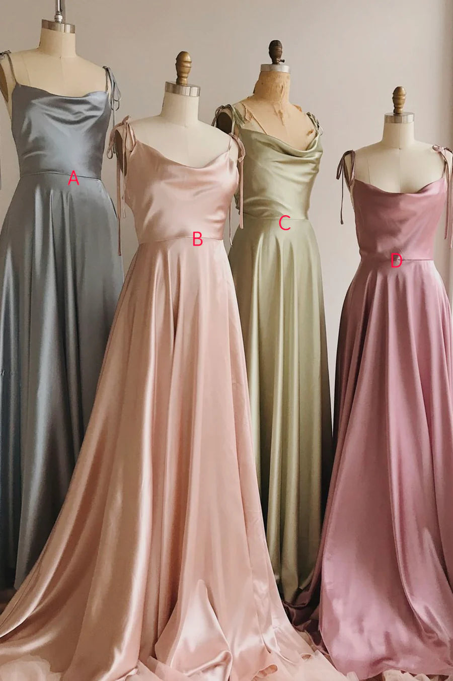 Simple Satin Draped Collar Floor Length Prom Dresses A-Line Spaghetti Straps Party Dresses