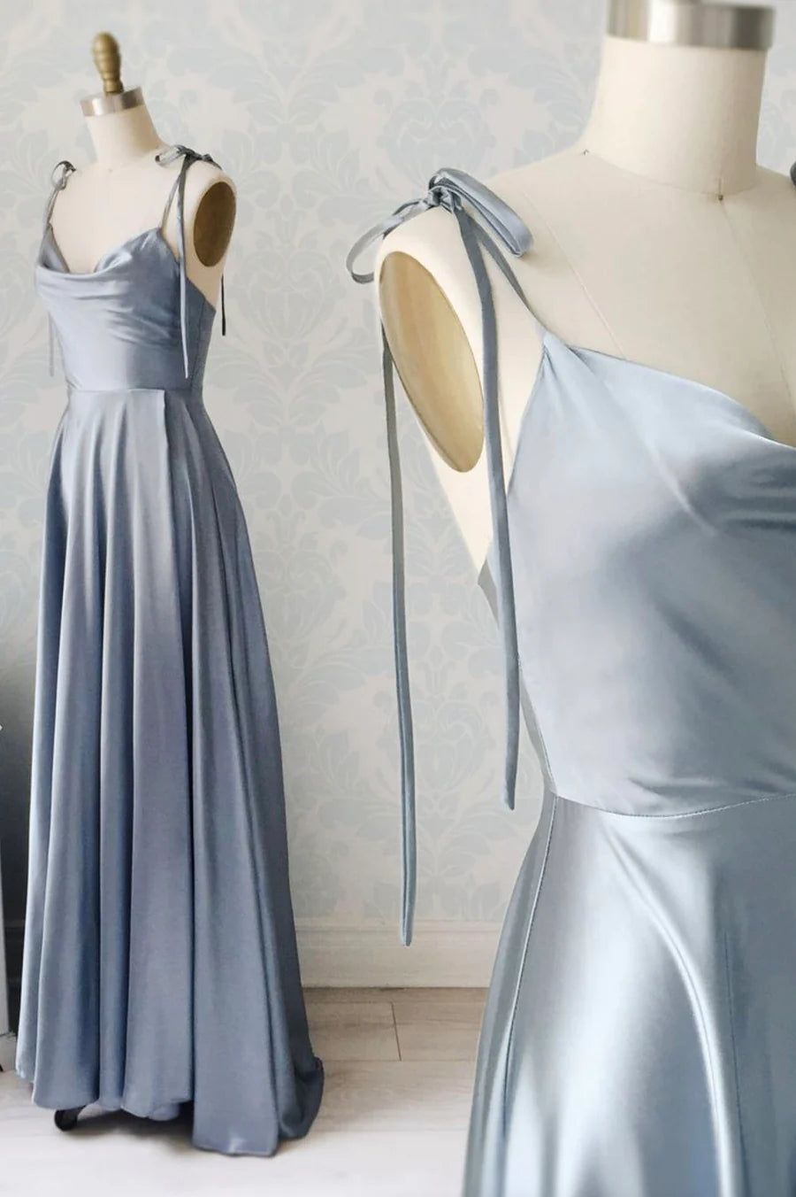 Simple Satin Draped Collar Floor Length Prom Dresses A-Line Spaghetti Straps Party Dresses
