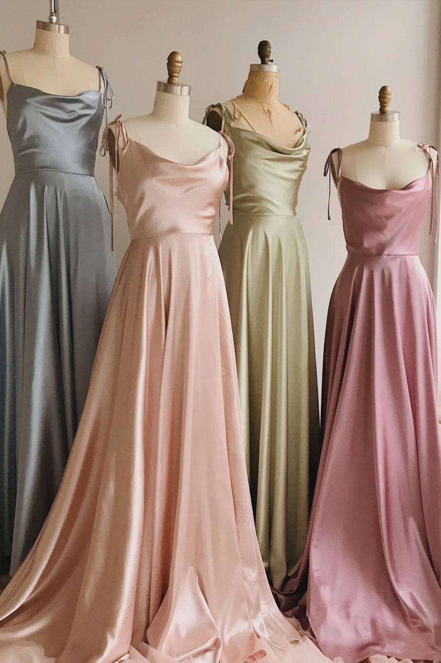 Simple Satin Draped Collar Floor Length Prom Dresses A-Line Spaghetti Straps Party Dresses