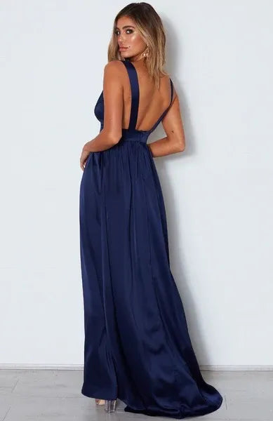 Simple Sheath Deep V Neck Navy Blue Long Prom Dress With Slit
