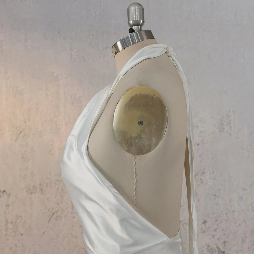 Simple Sheath Satin Backless Sleeveless Halter Neck Floor Length Wedding Dress With Streamer