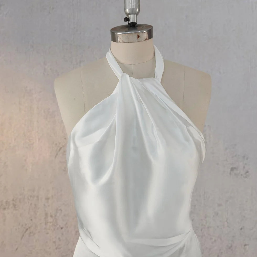 Simple Sheath Satin Backless Sleeveless Halter Neck Floor Length Wedding Dress With Streamer