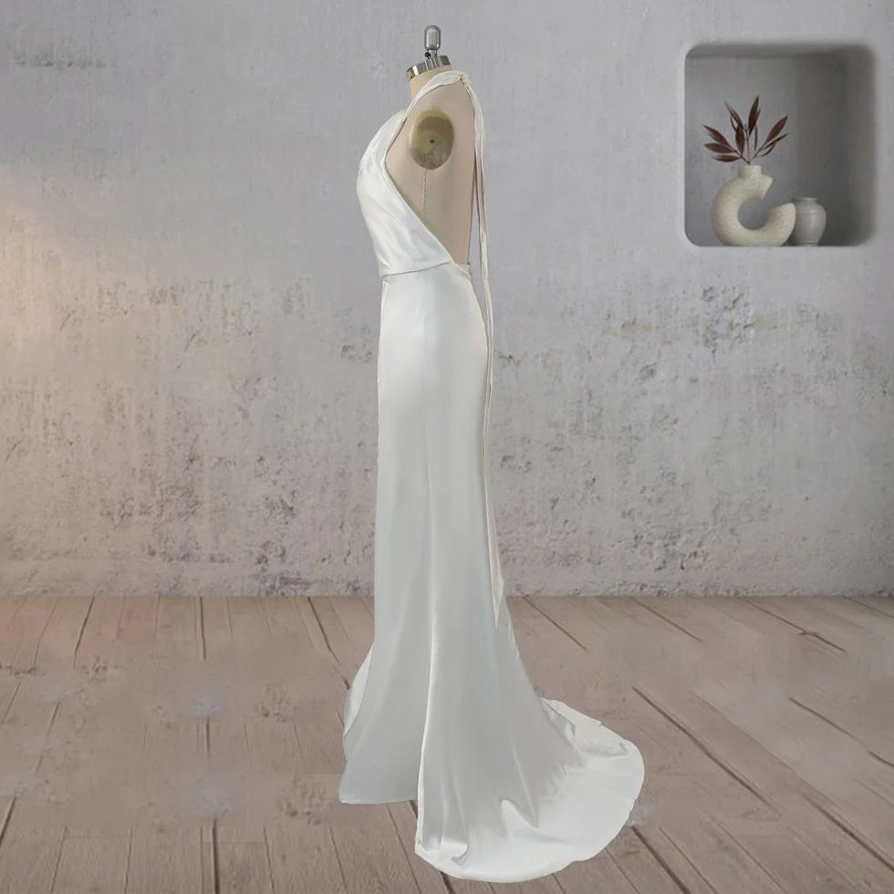 Simple Sheath Satin Backless Sleeveless Halter Neck Floor Length Wedding Dress With Streamer