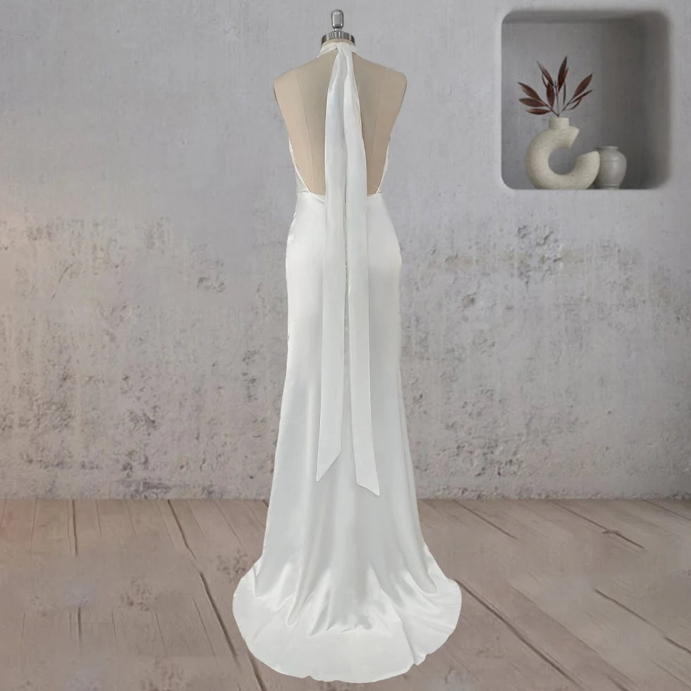 Simple Sheath Satin Backless Sleeveless Halter Neck Floor Length Wedding Dress With Streamer